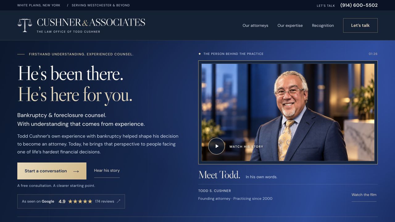 The Cushner & Associates website, with Todd’s introduction and clear bankruptcy and foreclosure practice information.